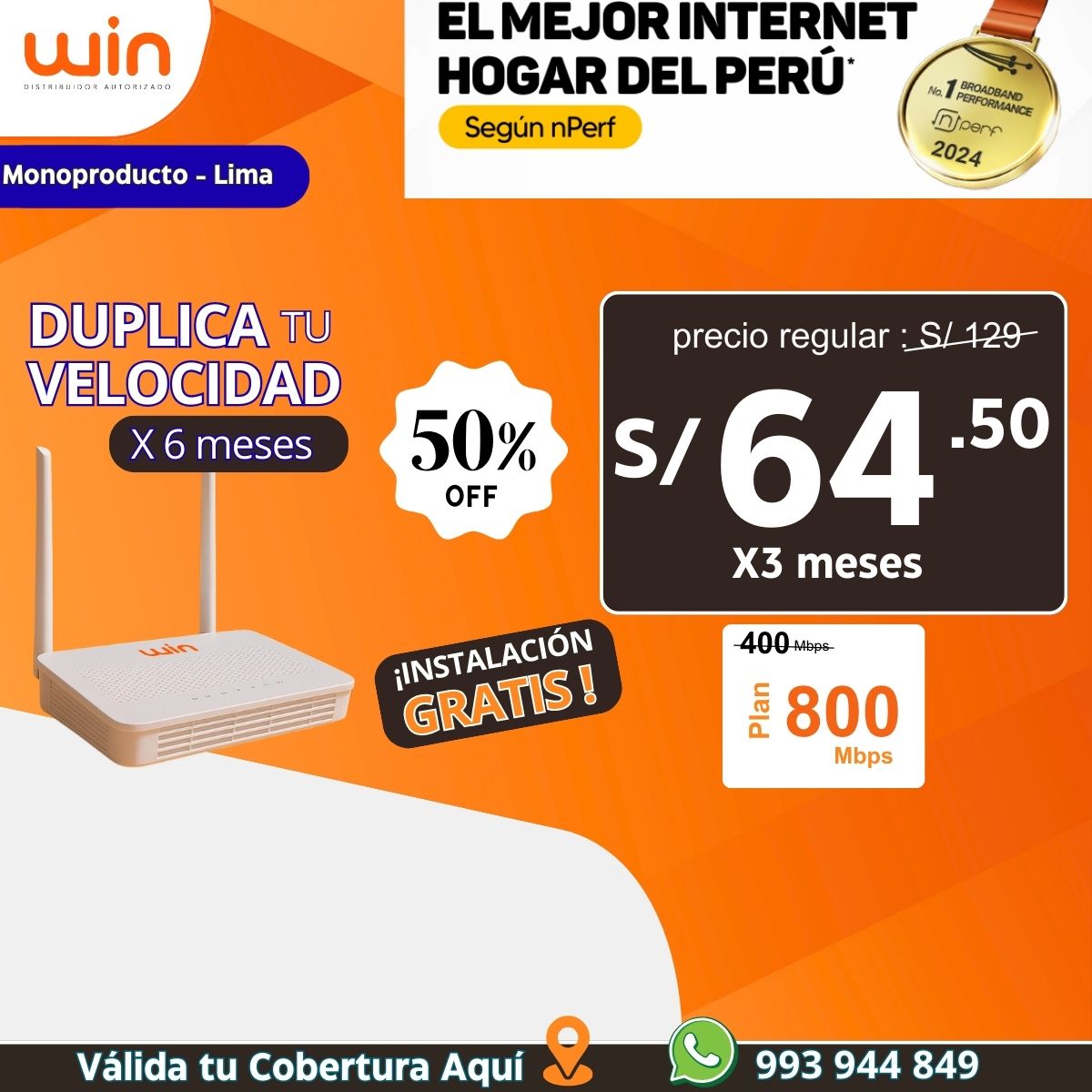 Plan Monoproducto Lima 400 Mbps